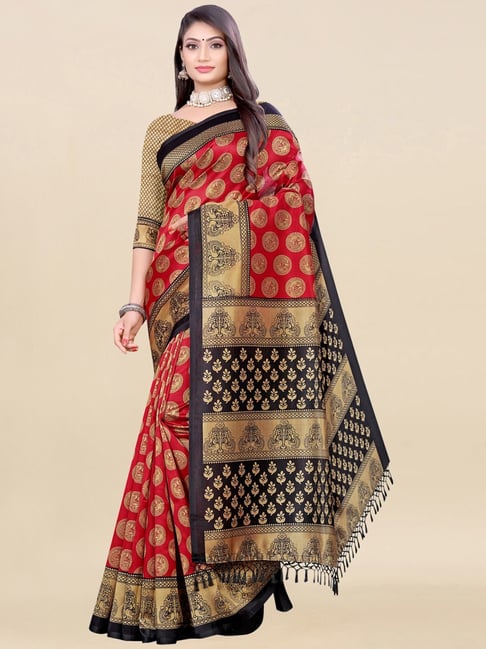 Satrani Red & Black Printed Saree With Unstitched Blouse Price in India