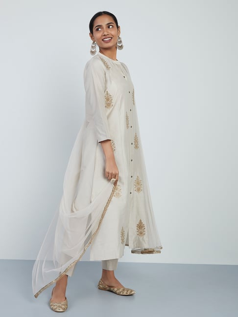 Vark by Westside Light Taupe Kurta, Ethnic Pants and Dupatta Price in India