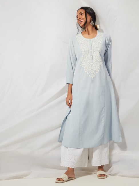 Utsa by Westside Light Blue Embroidered A-Line Kurta Price in India