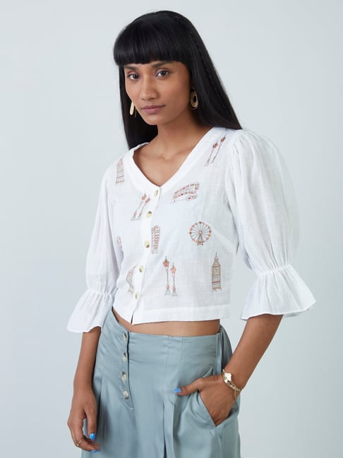 Bombay Paisley by Westside White Embroidered Crop Top Price in India