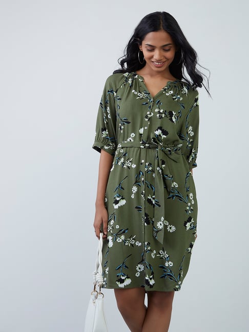 LOV by Westside Light Olive Floral Design Dress Price in India