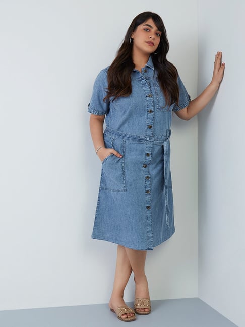 Gia Curves by Westside Blue Chambray Shirtdress with Belt Price in India
