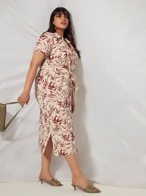 Gia Curves by Westside Beige Printed Shirtdress with Belt Price in India