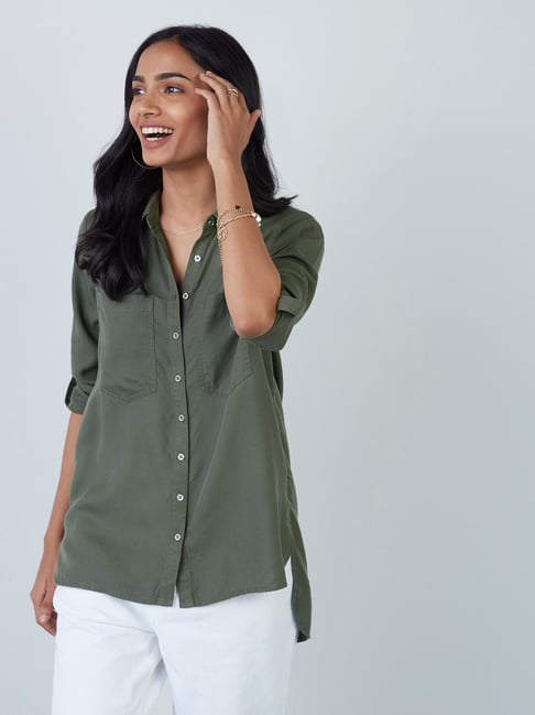 LOV by Westside Khaki High-Low Casual Shirt Price in India