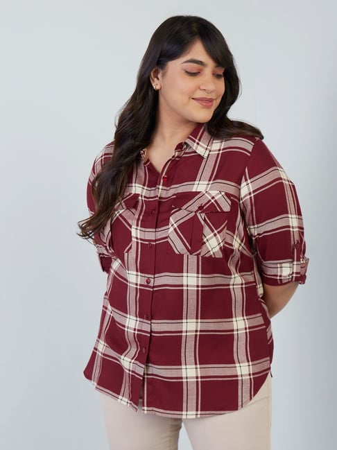 Gia Curves by Westside Maroon Checkered Shirt Price in India