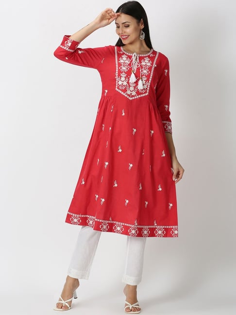 Saffron Threads Red Cotton Embroidered A Line Kurta Price in India