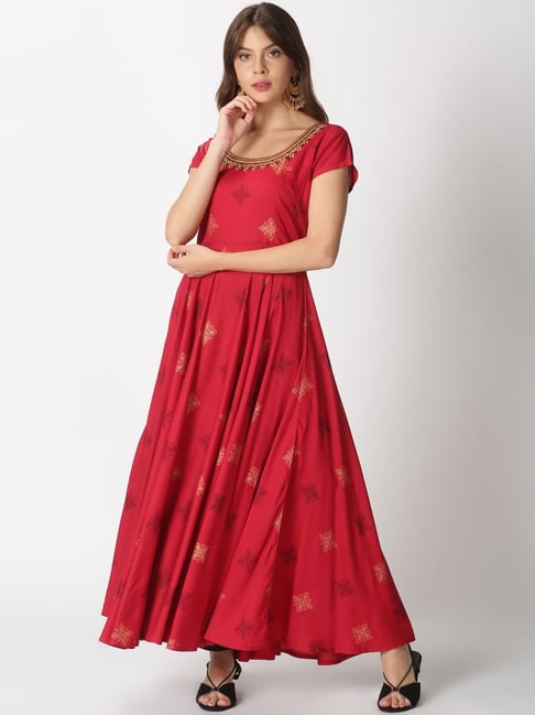 Saffron Threads Red Embroidered Anarkali Kurta Price in India