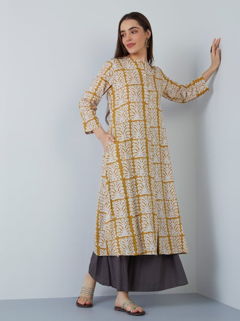 Utsa by Westside Mustard Printed A-Line Kurta Price in India