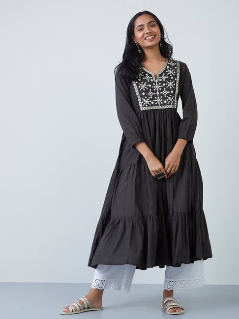 Utsa by Westside Charcoal Embroidered Tiered Anarkali Price in India