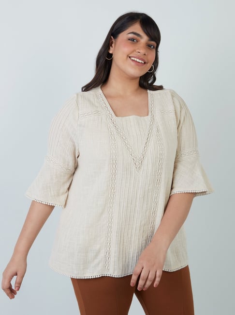 Buy Gia Curves by Westside Beige Crochet Patterned Blouse for