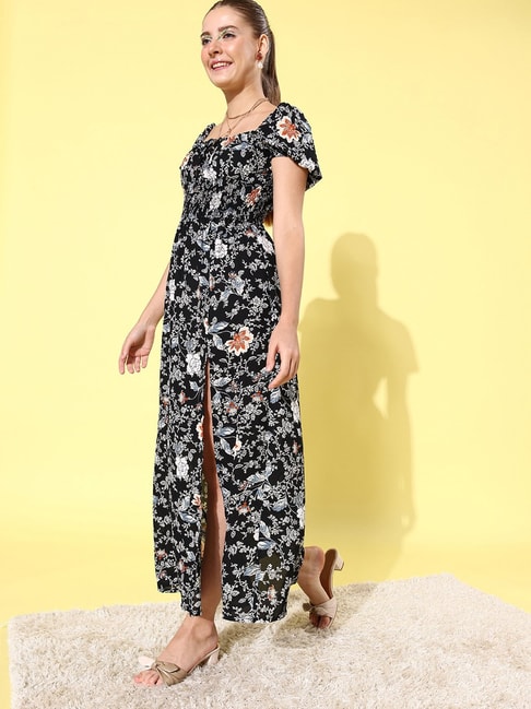 StyleStone Black Floral Maxi Dress With Puffed Sleeve Price in India