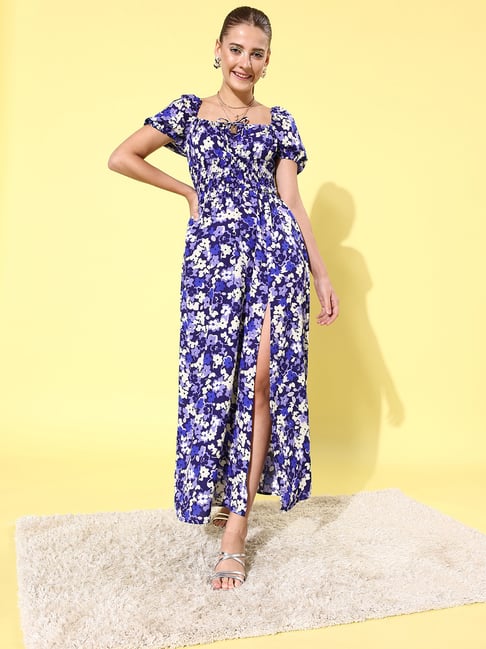 StyleStone Blue Floral Maxi Dress With Puffed Sleeve Price in India