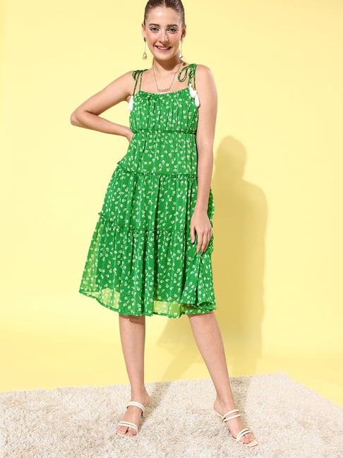 StyleStone Green Floral Tier Midi Dress With String Tie Ups Price in India
