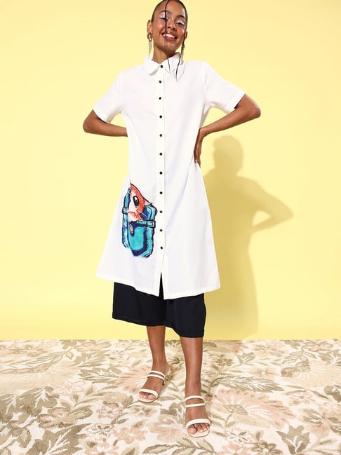 StyleStone Off White & Black Quirky Printed Lose Shirt With Culottes-picture-27