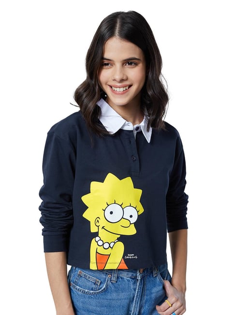 The Souled Store Navy Miss Lisa Simpson Printed Polo T-Shirt Price in India