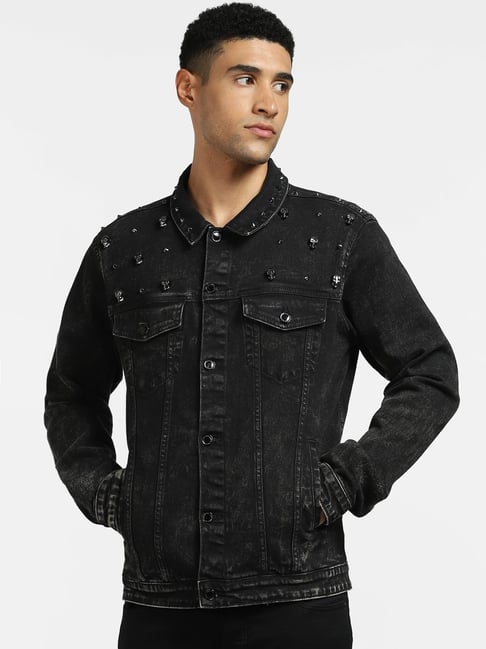 Urbano Fashion Men's Black Regular Fit Washed Sleeveless Denim Jacket
