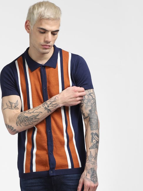 Jack & Jones Blue Cotton Slim Fit Striped Shirt