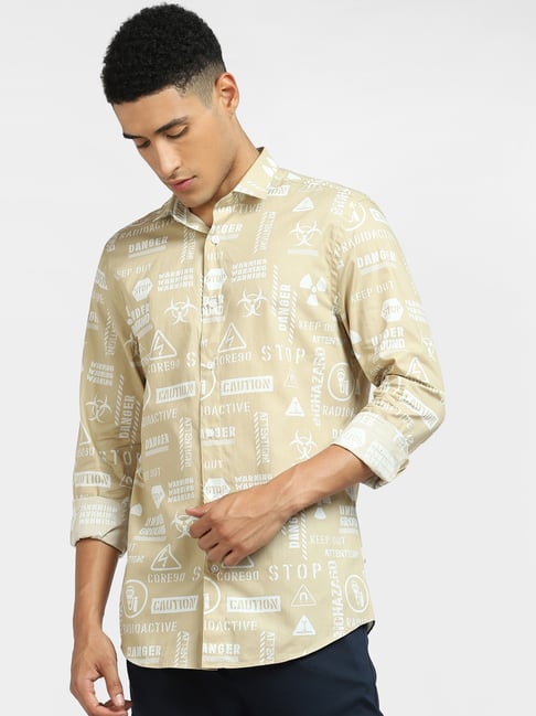 Jack & Jones Beige Cotton Slim Fit Printed Shirt