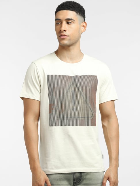 Jack & Jones Beige Cotton Slim Fit Printed T-Shirt