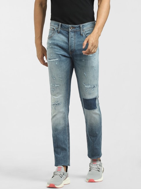 Mens Light Blue Slim Fit Heavy DistressedTorn Jeans  Urbano Fashion