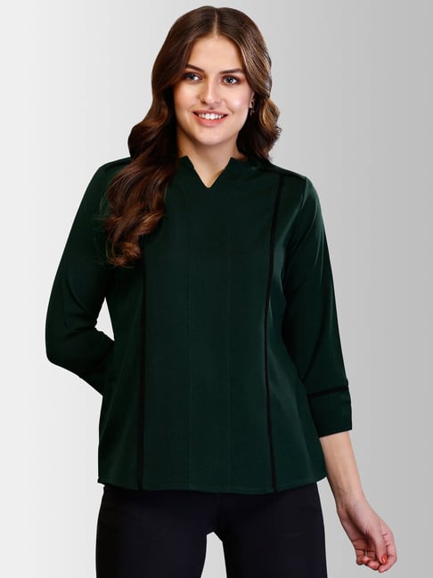 Fablestreet Bottle Green Mandarin Collar Top Price in India