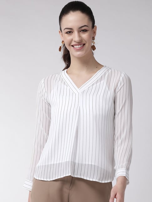 MISH White Striped V-Neck Top Price in India