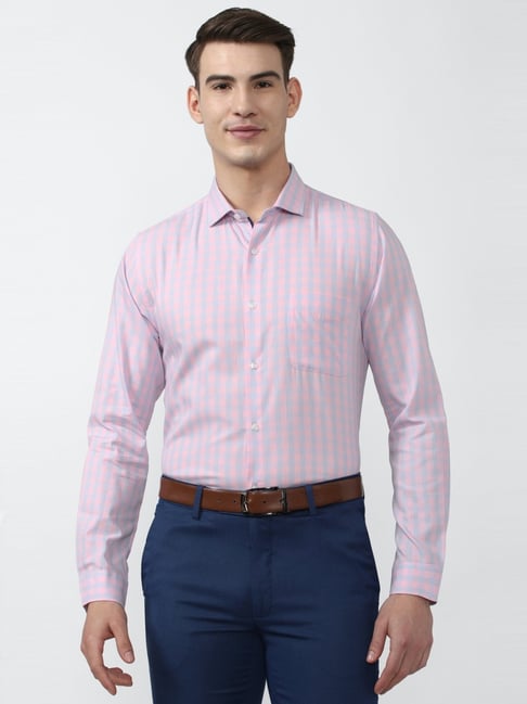 Peter England Pink Slim Fit Checks Shirt