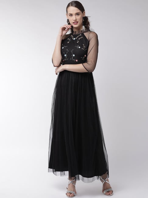 Buy MISS CHASE Black Solid Polyester Sweetheart Neck Womens Maxi Dress |  Shoppers Stop