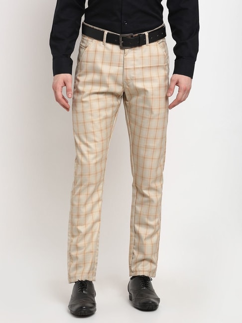Buy Peter England Men Navy Check Slim Fit Formal Trousers online