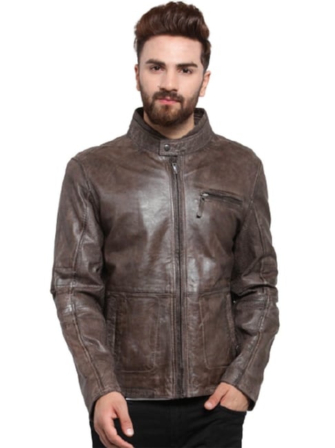 Buy Teakwood Men Black Solid Lightweight Genuine Leather Jacket Online