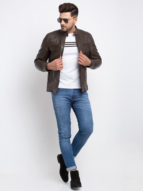 Buy Teakwood Leathers Brown Mandarin Collar Leather Jacket for