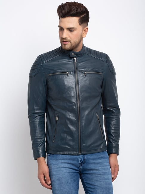 Teakwood Leathers Blue Mandarin Collar Leather Jacket