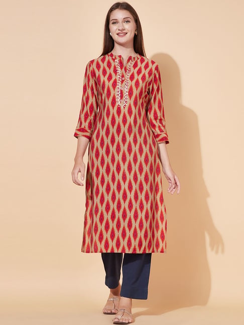 Fashor Beige & Red Printed Straight Kurta Price in India