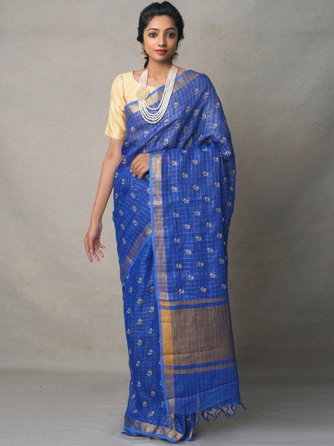 Unnati Silks Blue Linen Embellished Saree With Unstitched Blouse Price in India