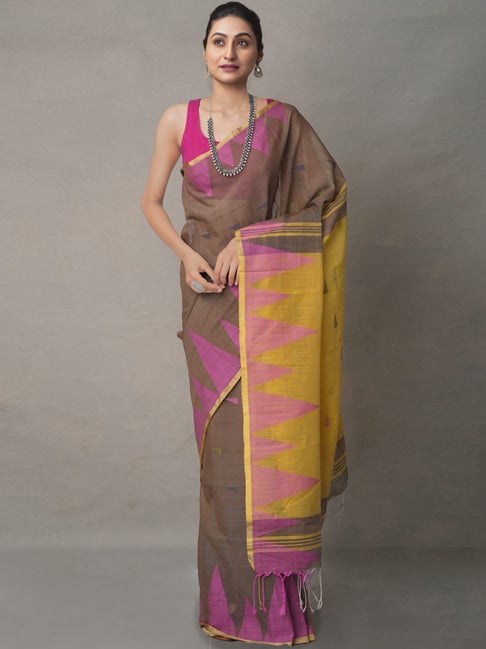 Unnati Silks Brown Linen Woven Saree With Unstitched Blouse Price in India