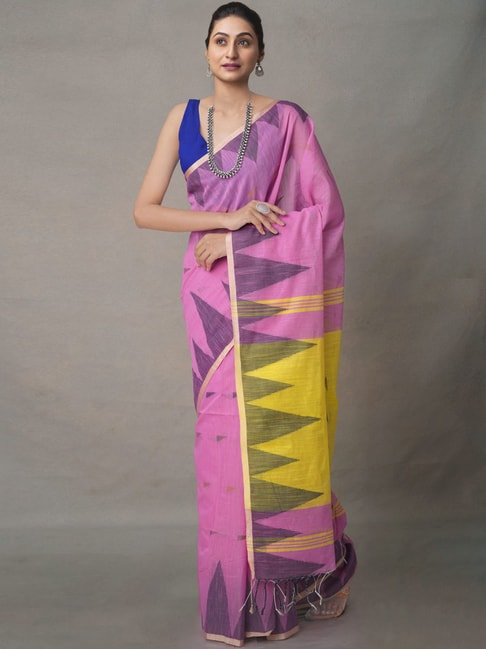 Unnati Silks Pink Linen Woven Saree With Unstitched Blouse Price in India