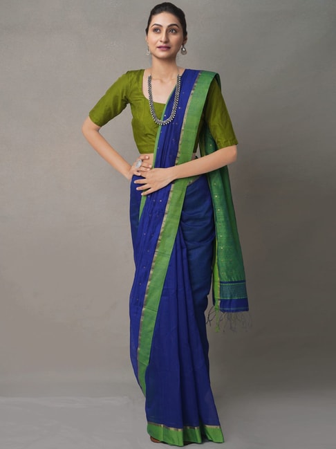 Unnati Silks Blue Linen Saree With Unstitched Blouse Price in India