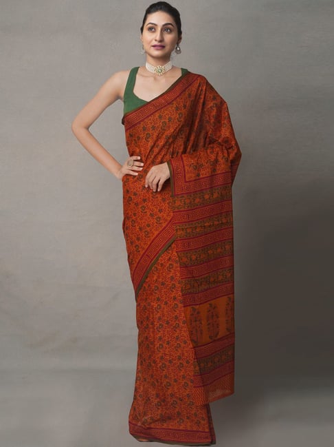 Unnati Silks Orange Cotton Printed Saree With Unstitched Blouse Price in India