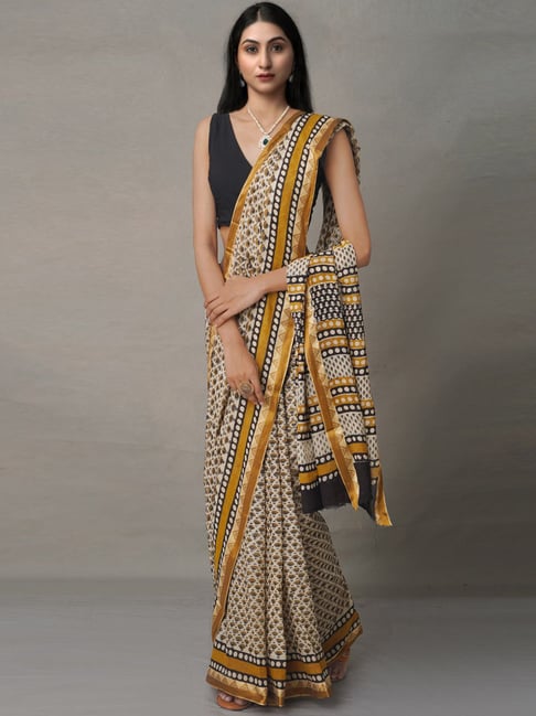 Unnati Silks Cream Cotton Printed Saree With Unstitched Blouse Price in India