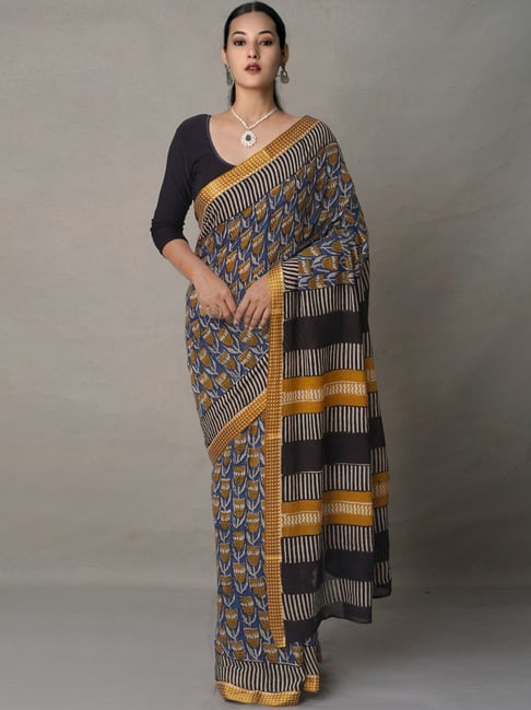 Unnati Silks Blue Cotton Printed Saree With Unstitched Blouse Price in India