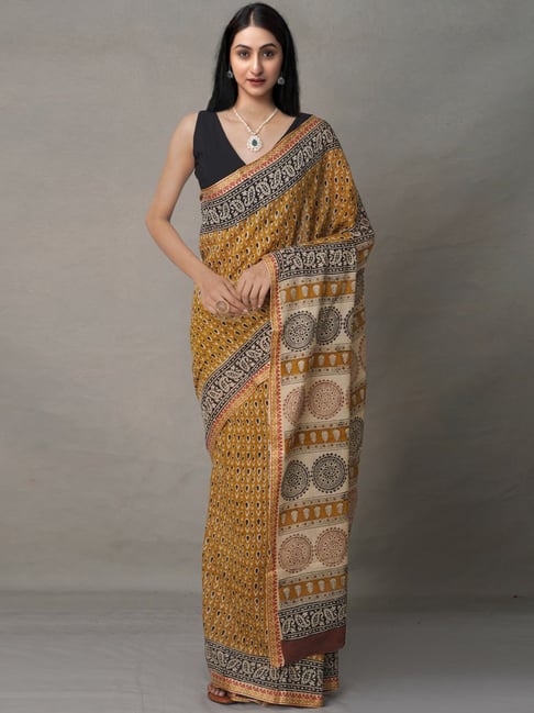 Unnati Silks Mustard Cotton Printed Saree With Unstitched Blouse Price in India