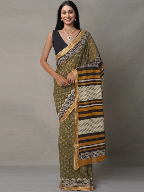 Unnati Silks Green Cotton Printed Saree With Unstitched Blouse Price in India