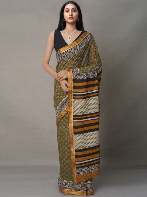 Unnati Silks Green Cotton Printed Saree With Unstitched Blouse Price in India