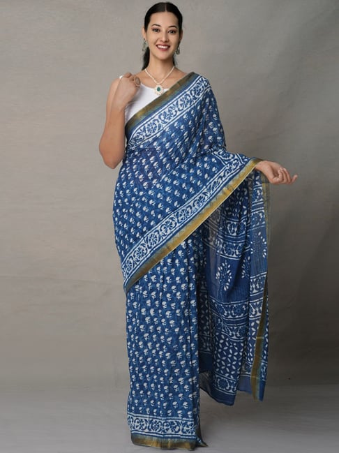 Unnati Silks Blue Cotton Printed Saree With Unstitched Blouse Price in India