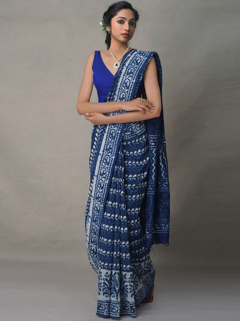 Unnati Silks Navy Silk Cotton Printed Saree With Unstitched Blouse Price in India
