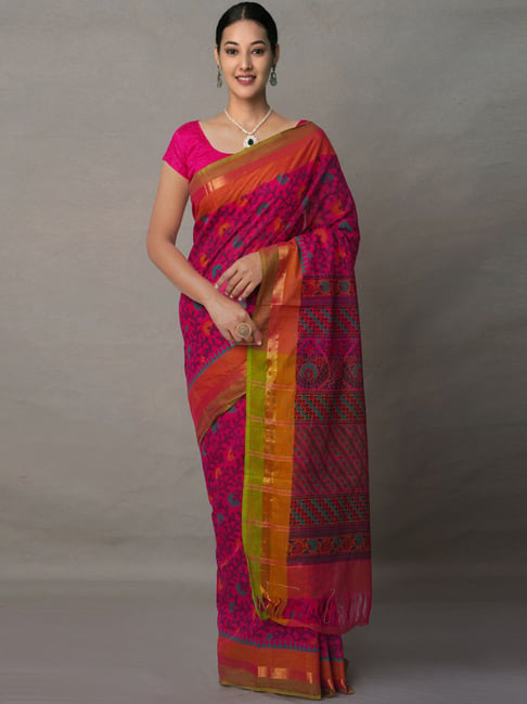 Unnati Silks Pink Cotton Printed Saree With Unstitched Blouse Price in India