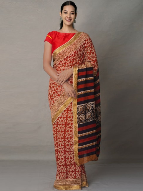 Unnati Silks Maroon Cotton Printed Saree With Unstitched Blouse Price in India