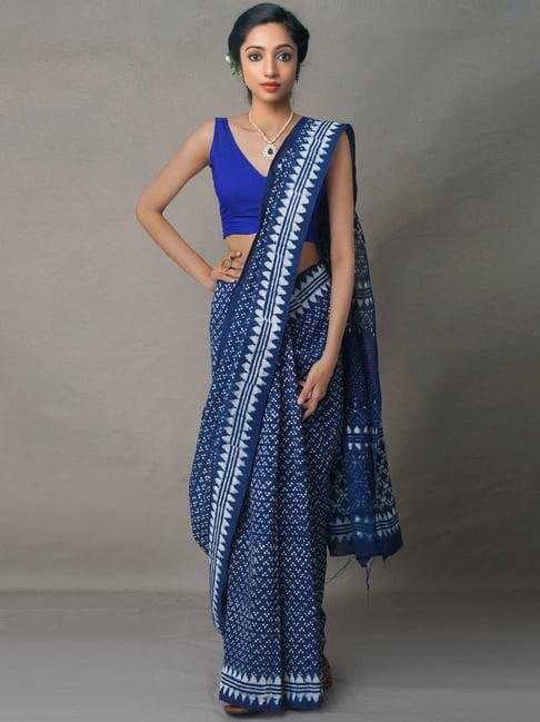 Unnati Silks Navy Silk Cotton Printed Saree With Unstitched Blouse Price in India