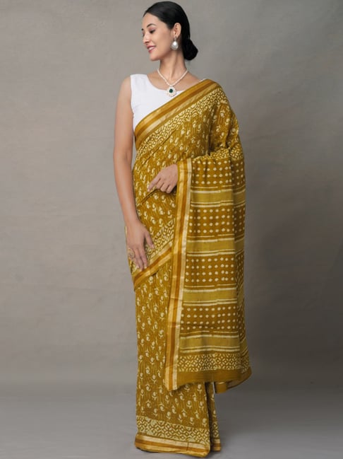 Unnati Silks Mustard Cotton Printed Saree With Unstitched Blouse Price in India