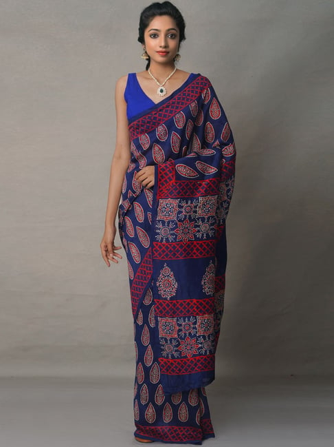 Unnati Silks Navy Silk Cotton Printed Saree With Unstitched Blouse Price in India